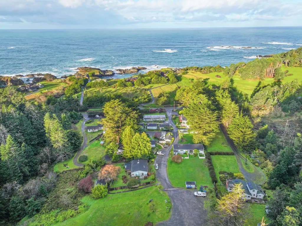 Aerial view of a coastal landscape featuring green fields, trees, and houses near the ocean.